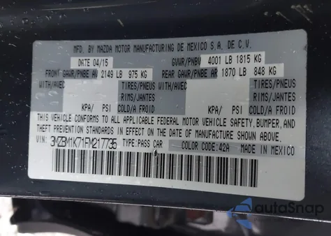 2015 Mazda Mazda3 I Sport из США, поврежденный, VIN 3MZBM1K71FM217735